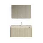 Meuble suspendu PVC Baldini 80cm, couleur beige, avec façade texturée, vasque et miroir armoire triptyque éclairé.