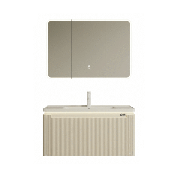 Meuble suspendu PVC Baldini 80cm, couleur beige, avec façade texturée, vasque et miroir armoire triptyque éclairé.