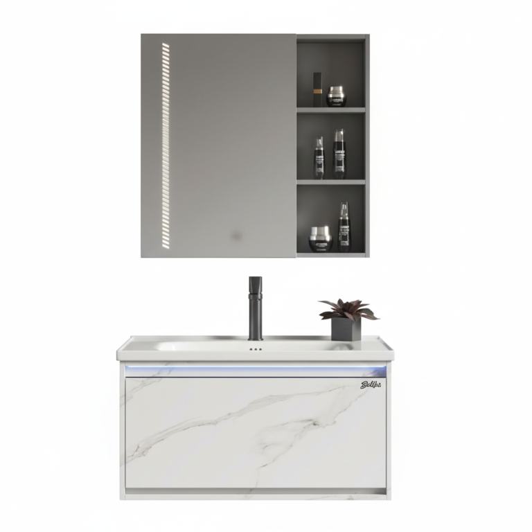 Meuble salle de bain suspendu PVC Baldini 8242 avec façade effet marbre