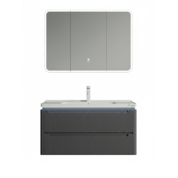 Meuble Salle de Bain Suspendu PVC Gris Baldini 3111 80cm avec grand miroir pharmacie LED