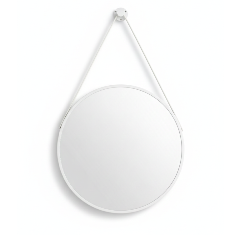 Miroir rond mural blanc 60 cm cadre blanc sangle suspension patère murale