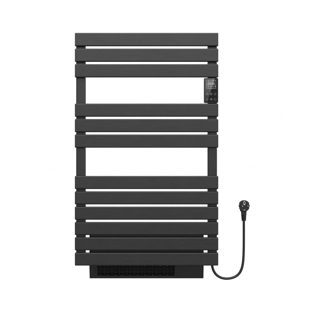 Sèche serviette électrique Turbo 90x55 noir Medicare, radiateur aluminium avec ventilateur 1000W Medicare, sèche-serviettes digital noir mat SBA Marrakech.