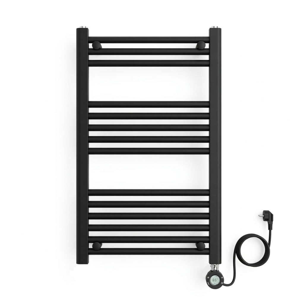 Sèche serviettes électrique 80x50 400W noir mat Medicare, radiateur salle de bain SBA Marrakech, thermostat numérique sèche-serviettes Medicare.