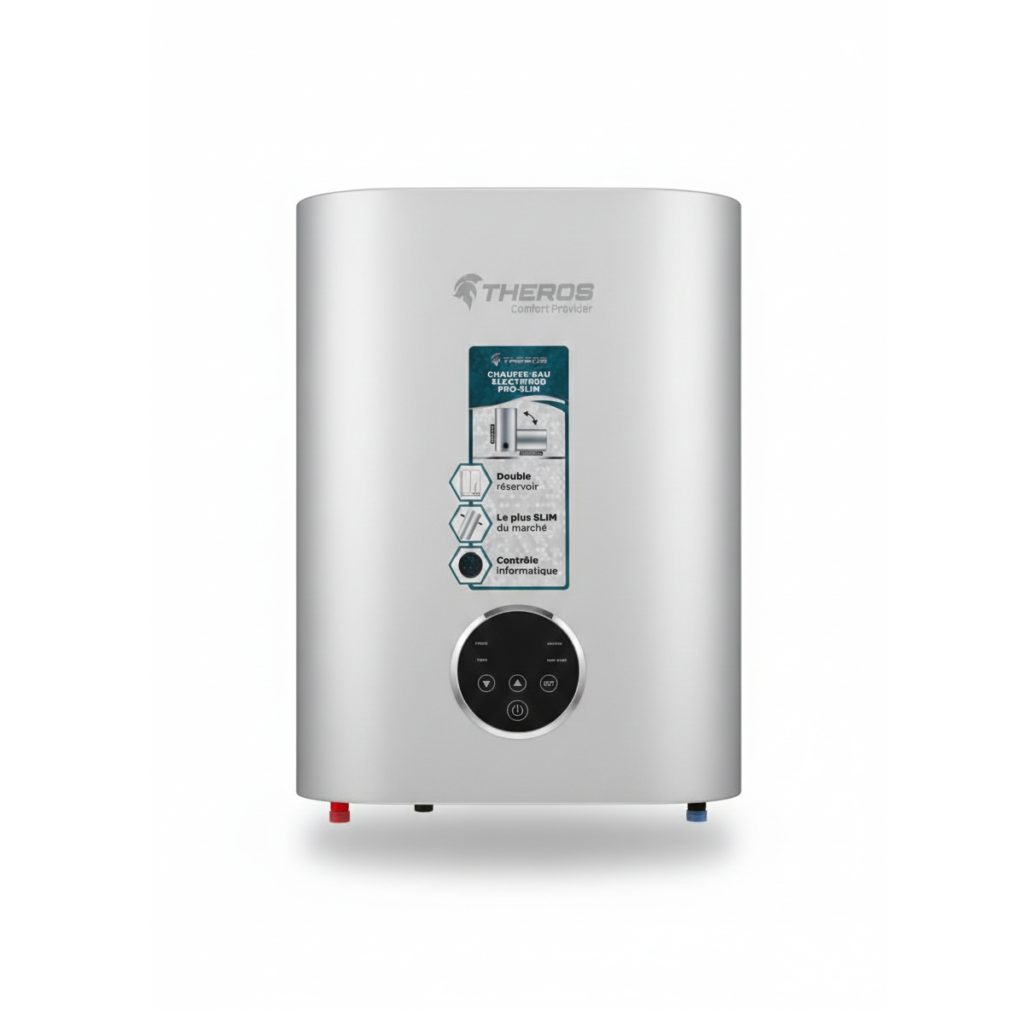 Chauffe-eau électrique 80L slim THEROS, ballon eau chaude plat THEROS Pro-Slim 80, installation multiposition SBA Marrakech.