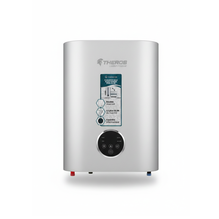 Chauffe-eau électrique 80L slim THEROS, ballon eau chaude plat THEROS Pro-Slim 80, installation multiposition SBA Marrakech.
