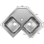 Évier d'angle inox deux bacs, évier cuisine inox coin SANILI dimensions 63 cm, plan vasque d'angle Sanili SBA Marrakech.