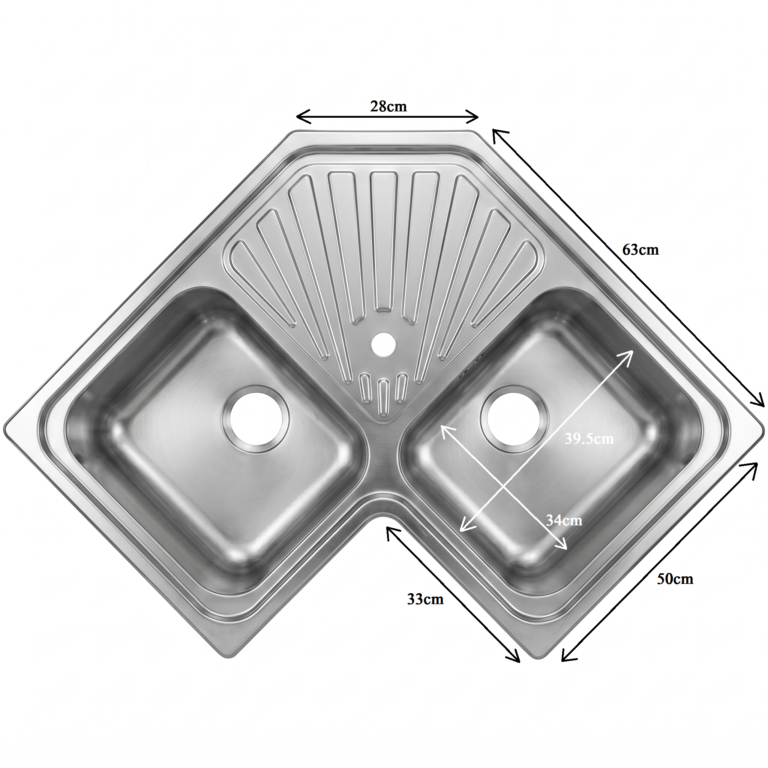 Évier d'angle inox deux bacs, évier cuisine inox coin SANILI dimensions 63 cm, plan vasque d'angle Sanili SBA Marrakech.