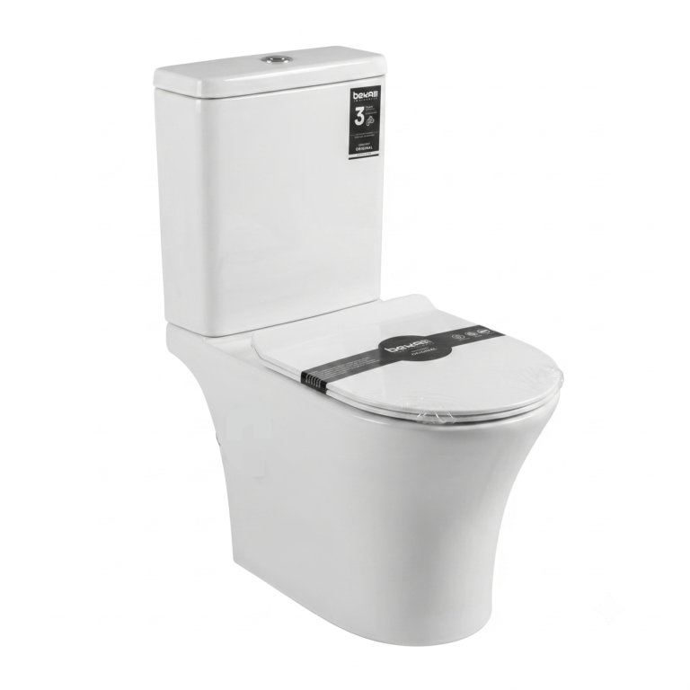 Bloc WC à poser rond BILBAO BEKA blanc sur fond blanc.