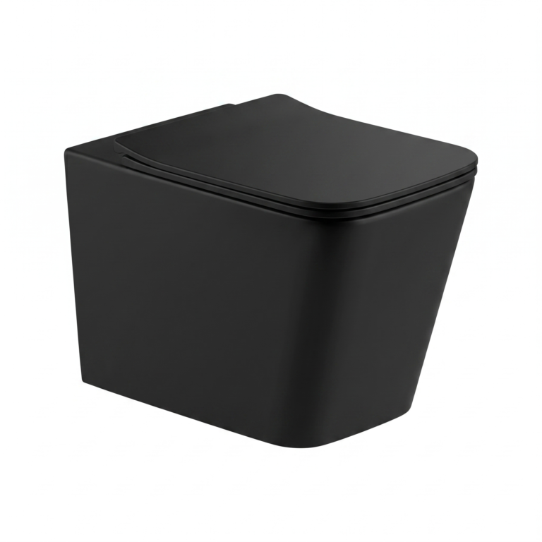 Cuvette WC suspendue noire carrée THAMES BEKA vue de face dans l'entrepôt de SBA Sanitaire Benraiss Amine.