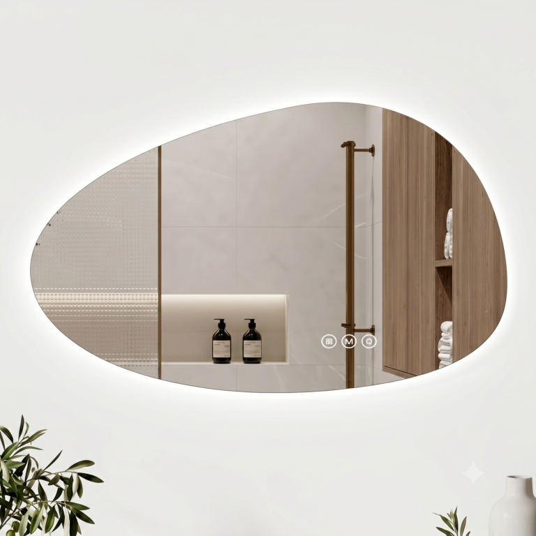 Miroir LED 160x80 ONIRI BEKA installé au-dessus d'une vasque blanche.