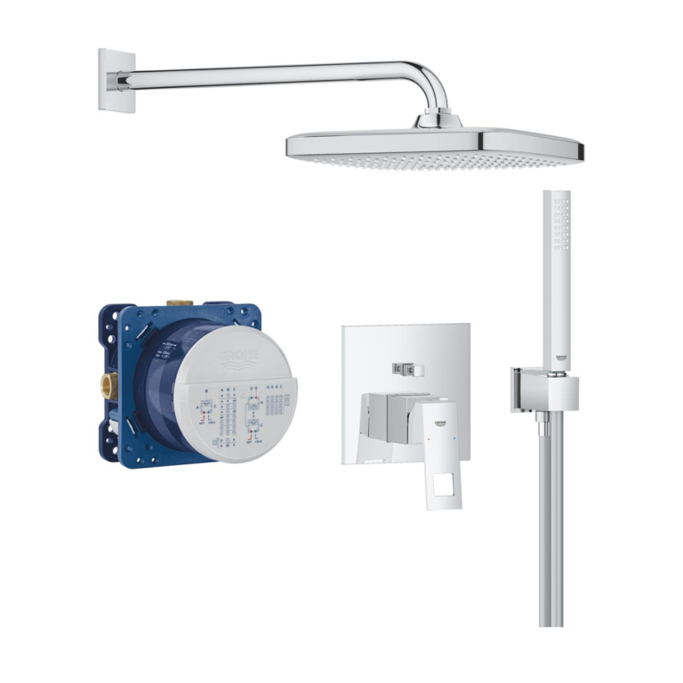 Ensemble du kit douche encastré carré Cube Grohe 25289000 en finition chrome.