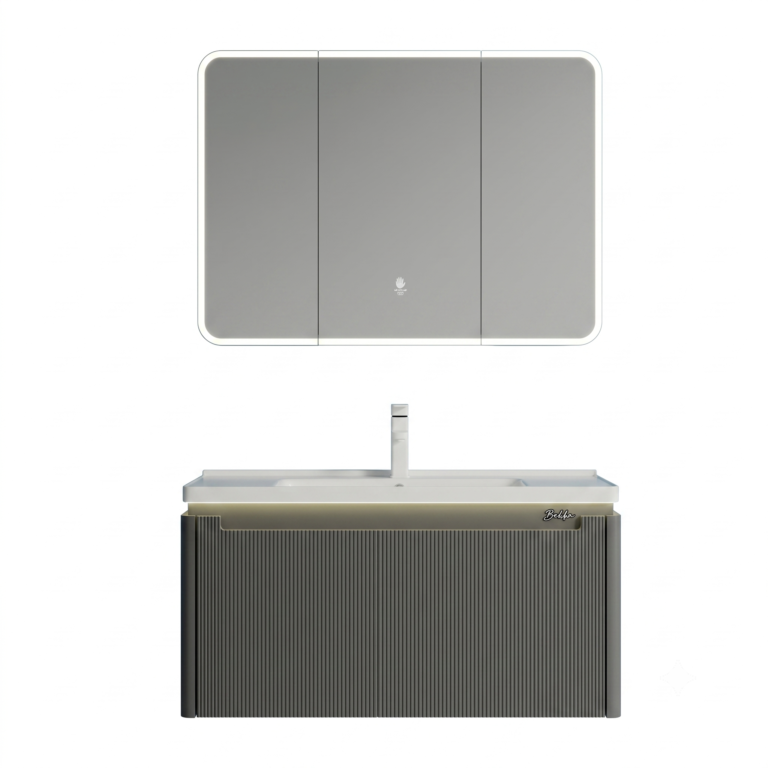 Meuble salle de bain gris foncé PVC Baldini 3108 avec vasque blanche et grand miroir pharmacie LED