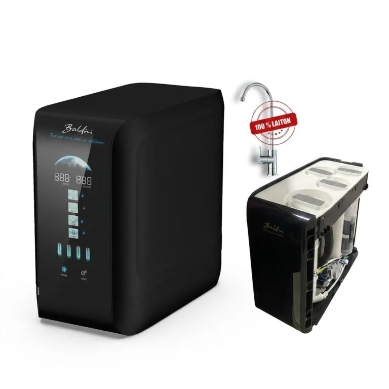 Osmoseur 7 étapes compact noir Baldini TC40 avec robinet laiton et schéma d'installation.